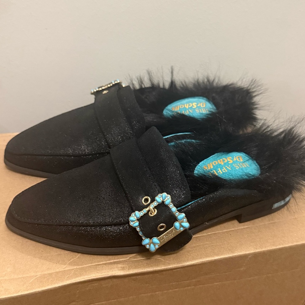 Dr Scholls Mr Carl Black Fur-Trimmed Women's Loafers NEW 6 - Picture 2 of 7